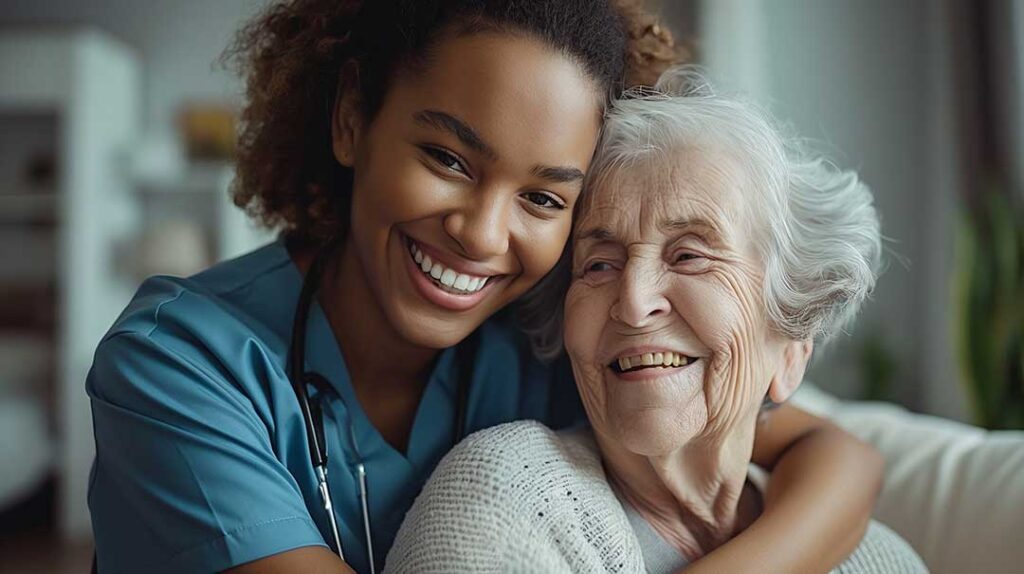 Older adult and family members discuss care options at a kitchen table with notes and a cup of tea.
